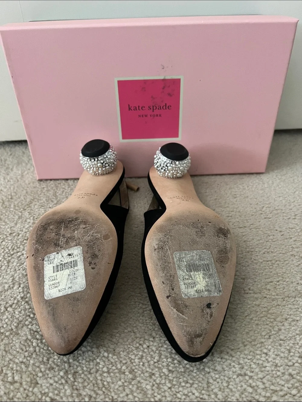kate spade Black Suede Slingback Pumps with Crystal Heel